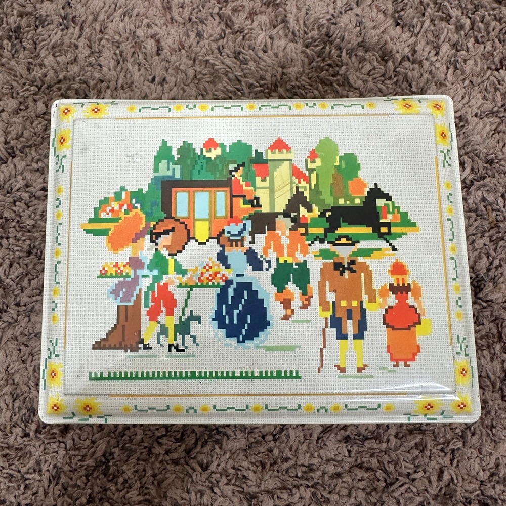 Vintage Daher Tin Box Needlepoint Style Village Scene Made England Storage READ